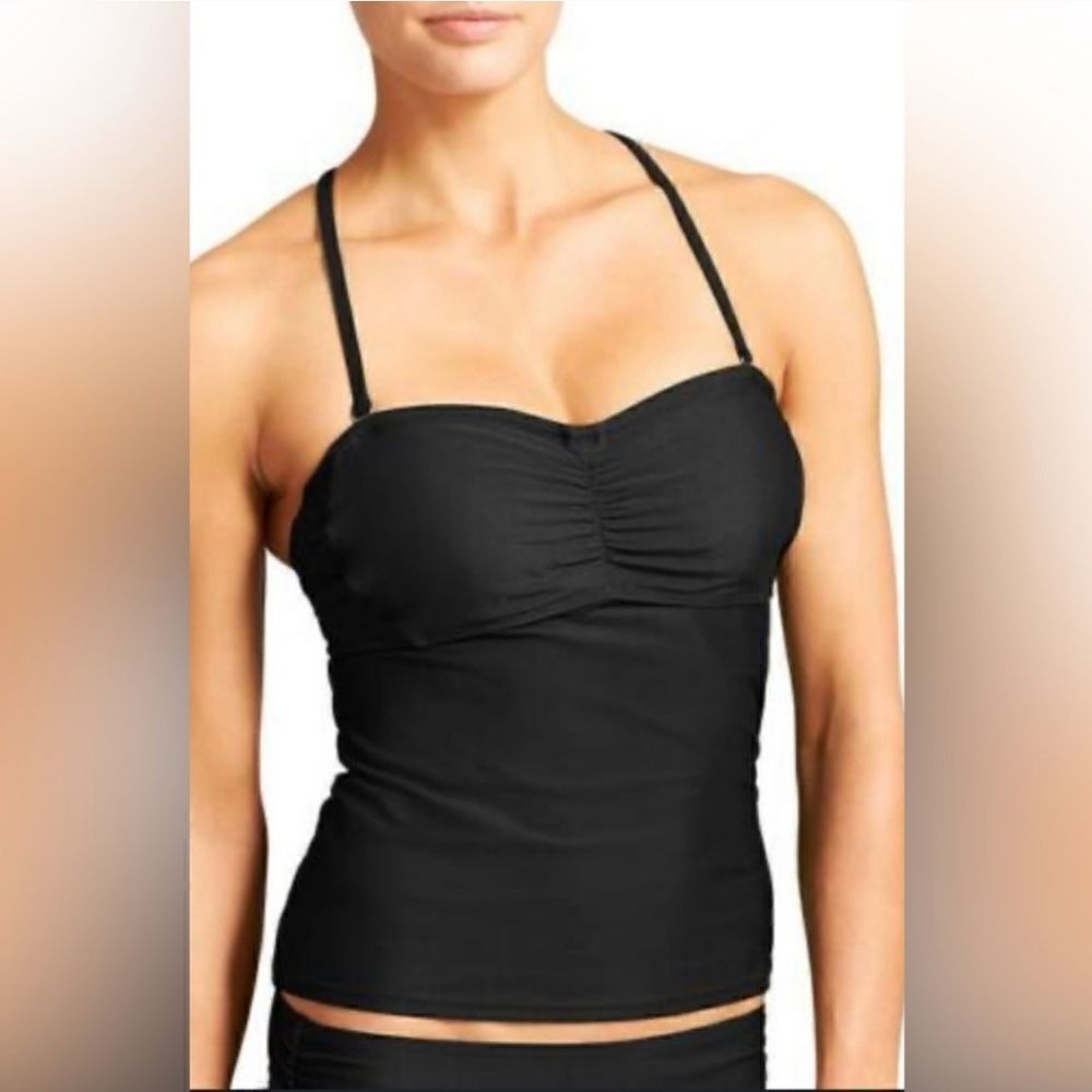 Athleta Black Bandeau Built in Bra Ruched Front Tankini Swim Top Sz 34 D/DD